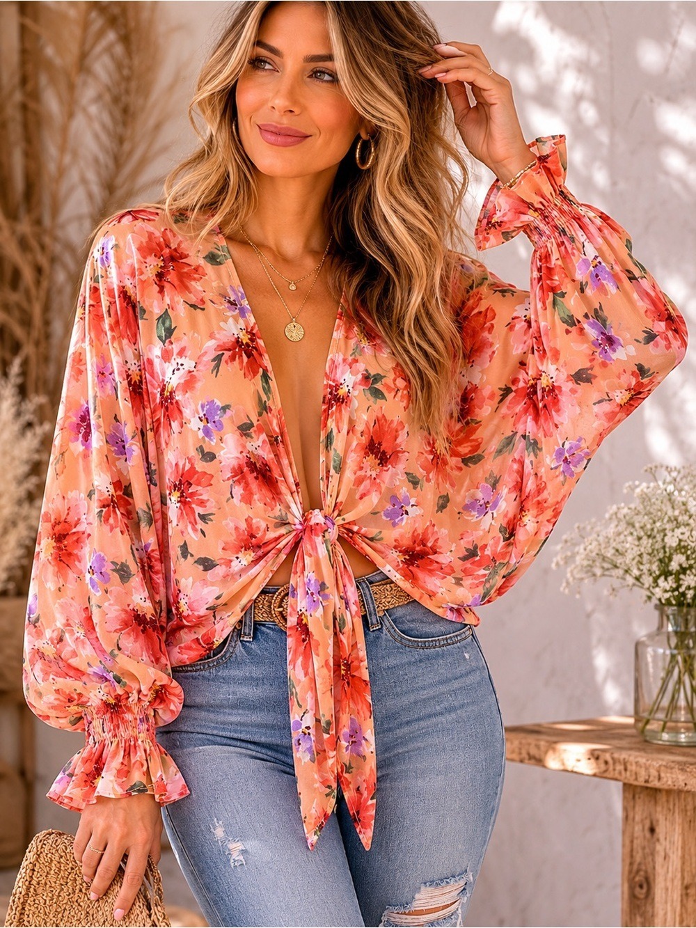 Boho Floral Tie Front Batwing Blouse Peach Romantic Cottagecore L